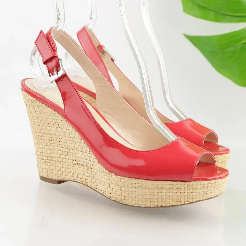 Franco Sarto Womens Sarah Sandal Size 9 Red Patent Wedge Heel Platform Slingback